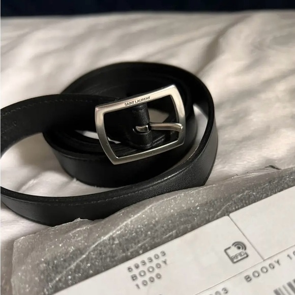 Saint Laurent Black Leather Belt with Silver Buckle